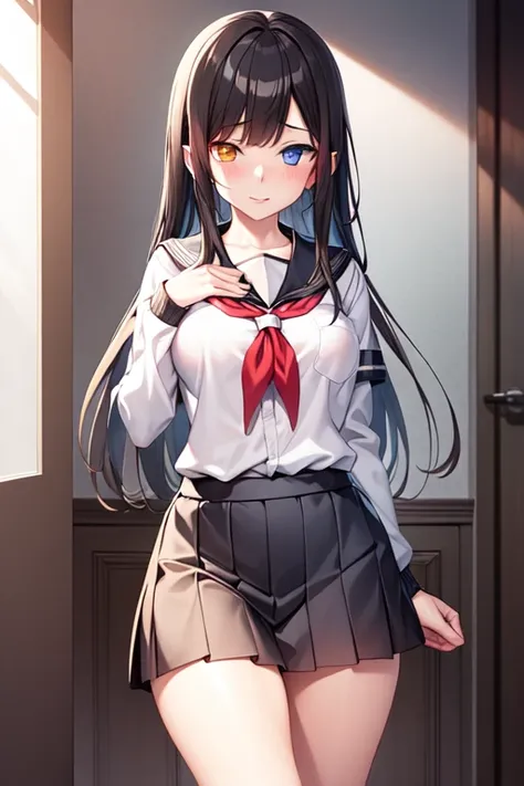 masterpiece, best quality, detailed,,game cg, school uniform, vampire, heterochromia,shy,detailed eyes,medium breasts,