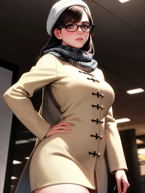 (masterpiece, best quality:1.4),  (modern days), (cowboy shot), 1girl, solo, pov, [[from side]], sfw,

uptight girlfriend,young adult, (standing:1.1), dynamic pose, elegant, beautiful face, highly detailed face, highly detailed skin, skin pores, subsurface scattering, long (straight) black hair, side parted hair, (blunt bangs), (detailed brown eyes), semi-rimmed eyewear, realistic pupils, large breast, serious, annoyed, short dress, long thin sleeves, (beige duffel coat, coat over dress:1.2), plaid scarf, (looking at viewer1.1), slight blush, full lips, christian cross necklace,

Shopping mall, christmas season, detailed background, depth of field, indoor lighting, side lighting, sharp focus,

absurdres, realistic proportions, good anatomy, (realistic, hyperrealistic:1.4), 16k hdr,