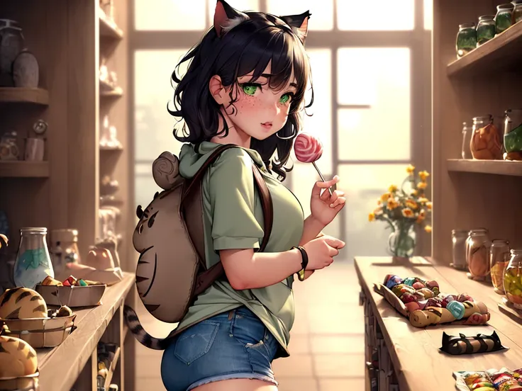 (masterpiece, best quality:1.4),  (modern days), (cowboy shot), (1girl, solo), sfw, (from side), from behind,

young woman with (untied hair, unkempt hair, messy hair:1.4), fluffy cat ears, no extra ears, (standing:1.1), hand in pocket, (looking ahead:1.2), (hoodie:1.4), (denim shorts:1.4), (medium black hair, sidelocks:1.3), hair between eyes, tomboy, cute, round face, [freckles], highly detailed face, highly detailed skin, skin pores, subsurface scattering, (sparkling green eyes,:1.3), realistic pupils, large breast, (thunder thighs), (food awe:1.4), full face blush, full lips, shortstack, accentuated booty, (backpack, cat bagcharm:1.4), (camel toe:1.2),

(large shop interior, tons of candies, (shelves with candies), (swirly lollipops jars in foreground, counter in foreground:1.2), blurry foreground), jars with candies, cookies jars, chocolate bars, detailed background, depth of field, indoor lighting, volumetric lighting, sharp focus, wide angle,

absurdres, realistic proportions, good anatomy, (realistic, hyperrealistic:1.4), 16k hdr,