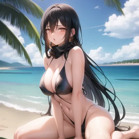 awaitingtongue, hentai, nude body, nude breasts, 90s anime vintage cute 28 year old fit shy mikasa Ackerman with shiny dark eyes from attack on titan at beach sitting down on the sand. Long black hair. Dark Mikasa beautiful eyes. Wearing tight zipper bathing suit. Neon lights and Sci Fi. Hajime isayama lines. She is sitting on the sand. Sitting. Has. Scarf tied chest tightly. Sunglasses on hair.