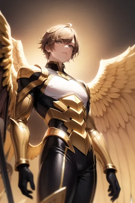 masterpiece,best quality,1male, gold Saint, gold and black theme, short hair, bara,Golden wings,A golden aperture,depth of field,  from below