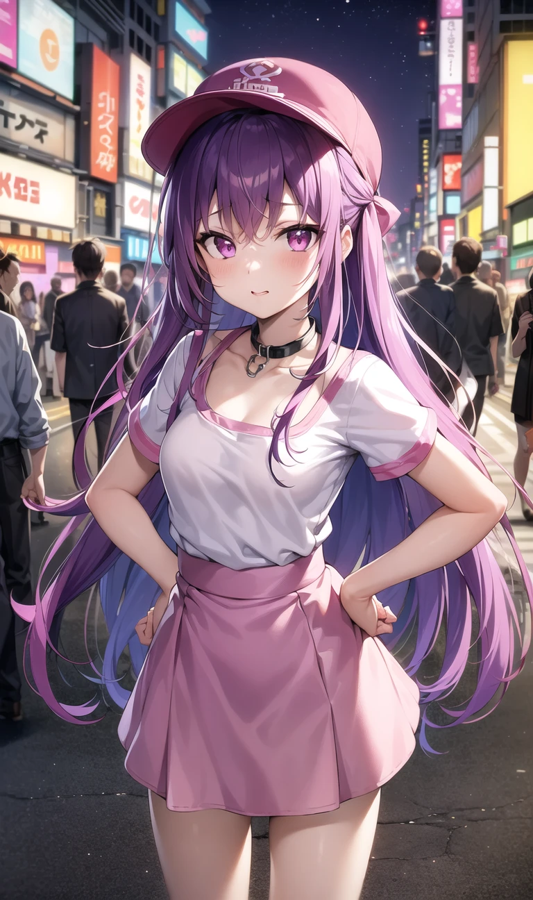 masterpiece, best quality, 1girl, purple hair,pink eyes, long hair,(small breasts),standing on street, (collar T-shirt), underwear straps, pink Skirt, front view, standing,City Night, Neon light, Background Tokyo street, taxi, dating, shy,headwear, hands behind back
