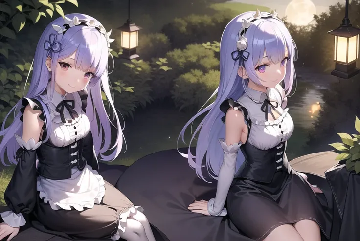 masterpiece, best quality, detailed, maid clothes, ram rem, re zero, long hair, sitting, light smile, arms behind back, medium breast, breast out, lots of fireflies, jungle, moon, evening, lantern, hair ornament
