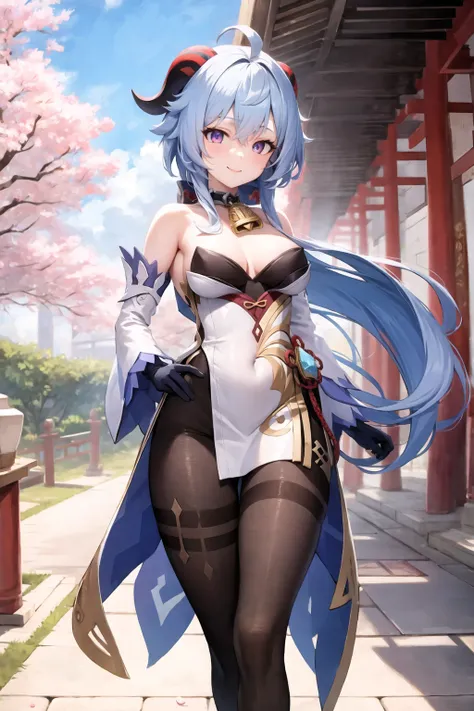<lora:Ganyu_Medium:0.7>, masterpiece, best quality, highres, 1girl, blue hair, long hair, very long hair, ponytail, bangs, hair between eyes, sidelocks, ahoge, goat horns, horns, purple eyes, bell, cowbell, neck bell, collar, detached collar, white collar, bare shoulders, pantyhose, black pantyhose, bodystocking, bodystocking under clothes, pelvic curtain, detached sleeves, white sleeves, long sleeves, gold trim, medium breasts, gloves, black gloves, ribbon, leg ribbon, ankle ribbon, white footwear, vision (genshin impact), ganyu \(genshin impact\), outdoors, (east asian architecture, cherry blossoms, torii, multiple torii, stairs), standing, arms on hips, smile, looking at viewer,