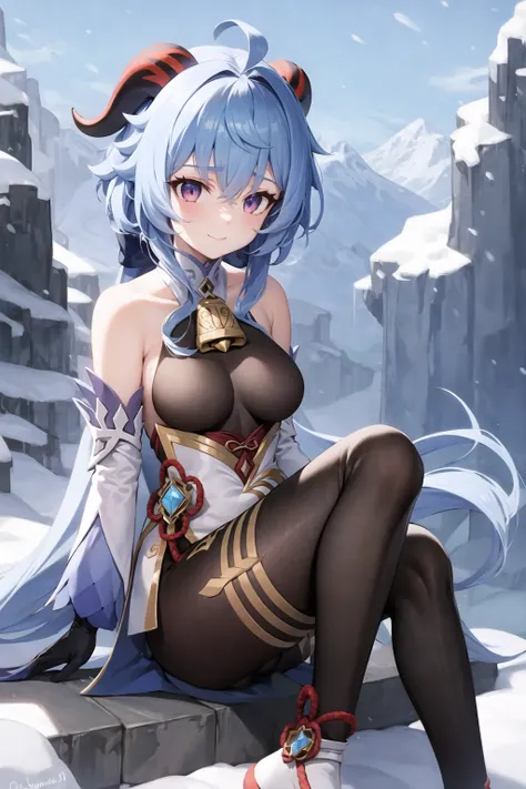 <lora:Ganyu_Medium:0.7>, masterpiece, best quality, highres, 1girl, blue hair, long hair, very long hair, ponytail, bangs, hair between eyes, sidelocks, ahoge, goat horns, horns, purple eyes, bell, cowbell, neck bell, collar, detached collar, white collar, bare shoulders, pantyhose, black pantyhose, bodystocking, bodystocking under clothes, pelvic curtain, detached sleeves, white sleeves, long sleeves, gold trim, medium breasts, gloves, black gloves, ribbon, leg ribbon, ankle ribbon, white footwear, vision (genshin impact), ganyu \(genshin impact\), outdoors, snow, mountain, sitting, slight smile, looking at viewer,
