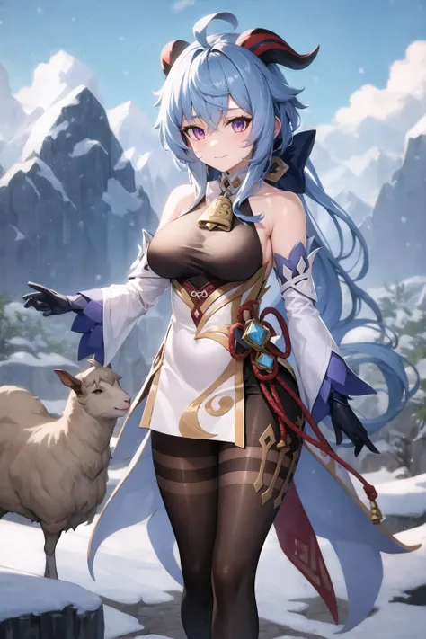 <lora:Ganyu_Medium:0.7>, masterpiece, best quality, highres, 1girl, blue hair, long hair, very long hair, ponytail, bangs, hair between eyes, sidelocks, ahoge, goat horns, horns, purple eyes, bell, cowbell, neck bell, collar, detached collar, white collar, bare shoulders, pantyhose, black pantyhose, bodystocking, bodystocking under clothes, pelvic curtain, detached sleeves, white sleeves, long sleeves, gold trim, medium breasts, gloves, black gloves, ribbon, leg ribbon, ankle ribbon, white footwear, vision (genshin impact), ganyu \(genshin impact\), outdoors, snow, mountain, standing, slight smile, looking at viewer,