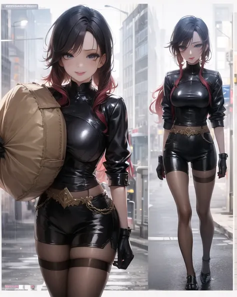 masterpiece, best quality, 1girl, armoured dress,night,wet clothes,smile,tears,blue eyes,shorts,standing,heavy rain,sole,in street,evening,star sky,floating hair,swept bangs,thick lips,red lips,make up eyes,Syberpunk