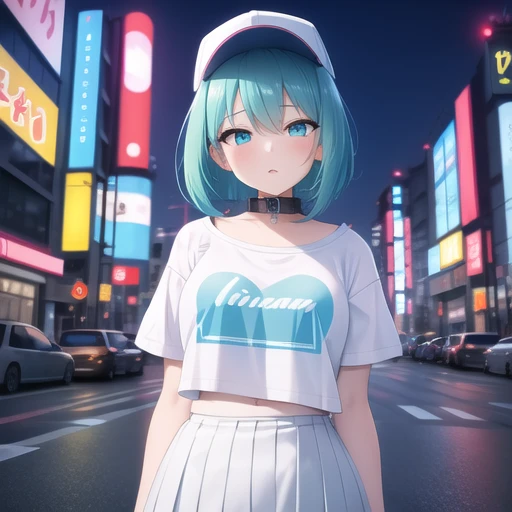 masterpiece, best quality, 1girl,cyan hair,cyan eyes, bob hair,(small breasts),standing on street, (collar T-shirt), underwear straps, white Skirt, front view, standing,City Night, Neon light, Background Tokyo street, taxi, dating, shy,headwear, hands behind back