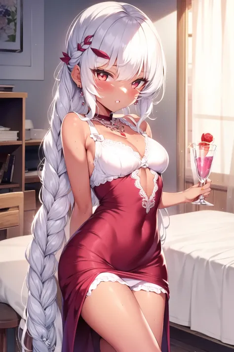 <lora:mdaStarouStyleNSFW9mb_v2:0.6>, <lora:beautifulDetailedEyes_v10:0.5>, a girl in a cozy room, tight dress, laces, detailed face, single long braided ponytail over shoulder, pelvic curtain, thigh highs, small breasts, lace underwear, cleavage, white hair, deep red eyes, tan, jewelry, stool