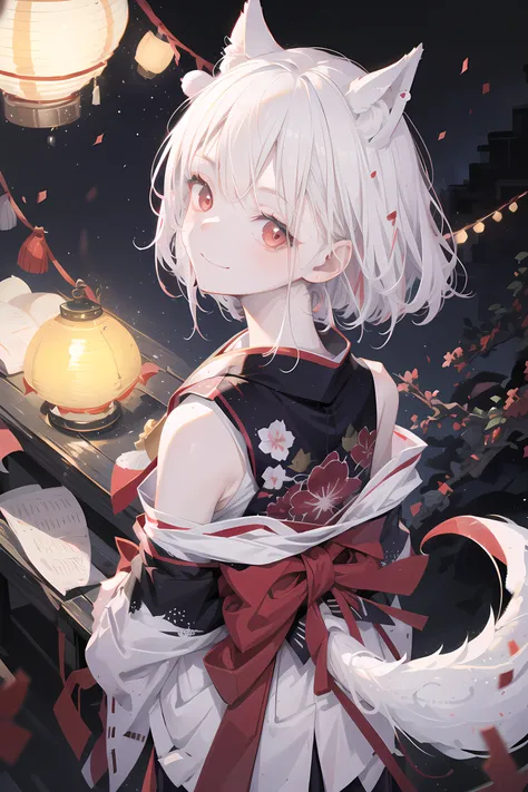 masterpiece, best quality, detailed, 1girl, fox girl, white hair, red eyes, short hair, fluffy fox tail, fox ears, white kimono, festival, night, lamps, air paper lantern, solo, looking at viewer, from behind, light smile, <lora:hitokomoru_locon-000019:0.5>, <lora:pastelmix-lora:1>