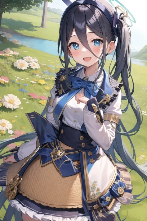 masterpiece, best quality, ultra-detailed, illustration, 1girl, :d, bangs, blush, flower, hair ornament, halo, high-waist skirt, jacket, long hair, looking at viewer, aris, open mouth, short sleeves, side ponytail, skirt, smile, solo, upper body, <lora:tendouAlice_v1:0.8>,