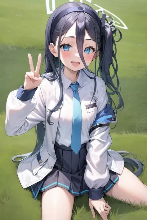 masterpiece, best quality, detailed, 1girl, hand on hair, peace sign hand, sitting,
white jacket, white shirt, blue necktie, pleated skirt,
:d, bangs, blush, hair ornament, halo, long hair, looking at viewer, aris, open mouth, side ponytail, smile, solo, <lora:tendouAlice_v1:0.8>,