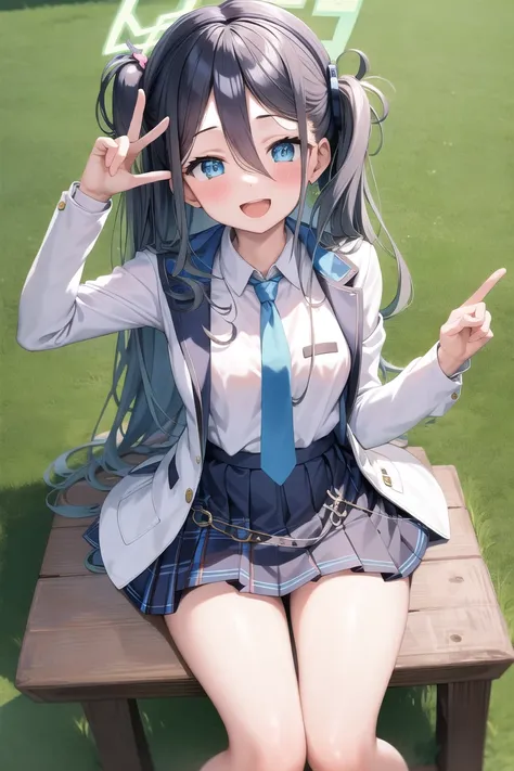 masterpiece, best quality, detailed, 1girl, hand on hair, peace sign hand, sitting,
white jacket, white shirt, blue necktie, pleated skirt,
:d, bangs, blush, hair ornament, halo, long hair, looking at viewer, aris, open mouth, side ponytail, smile, solo, <lora:tendouAlice_v1:0.8>,