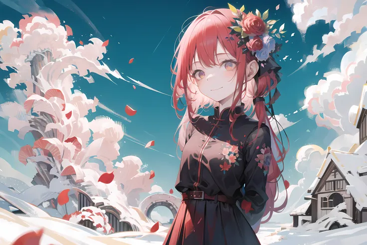 masterpiece, best quality, detailed, 1girl, red flower, hair flower, petals, smile, closed mouth, long hair, solo, clouds, ((arms behind back)), upper body, <lora:hitokomoru_locon-000019:0.5>, <lora:pastelmix-lora:1>,