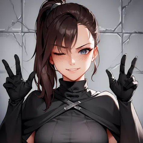 (masterpiece, best quality:1.4), (fantasy:1.4), , realistic, photorealistic, 1girl, solo, (female rogue:1.2), young, (cute), flat chest, slender, dark bodysuit, (intricate bodysuit:1.3), dark sleeves, (linen cloak:1.2), wide brown (fingerless gloves), short [brown hair:orange hair:0.75], (side ponytail:1.2), highly detailed eyes, realistic pupils, full lips, (close up), (cheerful, smirk), (one eye closed:1.3), freckles, (looking at viewer:1.2), highly detailed skin, skin pores, subsurface scattering, tooth necklace, 

(back against wall, large grey stones wall background)

absurdres, perfect anatomy, realistic proportions, perfect lighting, sharp focus, 85mm lens, side lighting, vibrant, film still, sfw,<hypernet:myhands-22k:1>