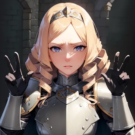 (masterpiece, best quality:1.4), realistic, photorealistic, 1girl, solo, female paladin, young woman, [cute], stunningly beautiful, medium breast, slender, vambraces, (intricate full plate armor, no helmet:1.2), medium blonde hair, highly detailed eyes, soft eyes, realistic pupils, lace trimmed hairband, (curly hair:1.4), (parted bangs:1.3), full lips, (close up), (embarrassed, ashamed:1.3), gauntlets, cape, (sweatdrop:1.3), freckles, (looking at viewer:1.2), highly detailed skin, skin pores, subsurface scattering, fantasy,

stone wall background, large stones,

absurdres, perfect anatomy, realistic proportions, perfect lighting, sharp focus, 85mm lens, side lighting, vibrant, film still, <hypernet:myhands-22k:1>