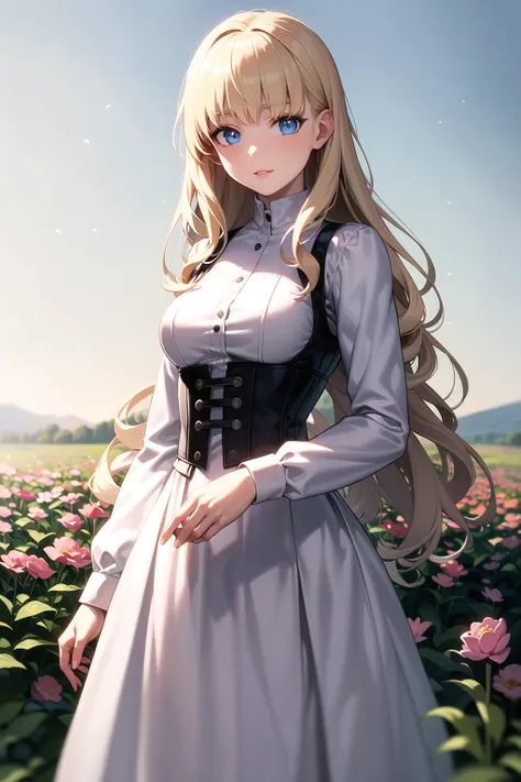 young, realistic, best quality, highres, best shadow, best illumination, finely detail, cowboy shot, 1girl, standing, pale skin, white dress, long sleeves, corset, blonde hair, long hair, wavy hair, bangs, hair flower, blue eyes, medium breasts, flower field, bloom