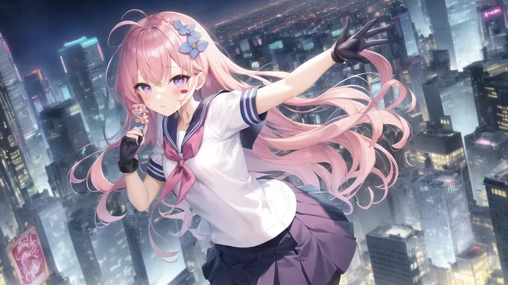 masterpiece, best quality,from above,
((pink hair), long hair,french braid,hair behind ear,frizzy hair,shiny hair,handled hair,floating hair),
(blue hair flower, forget-me-not \(flower\)),
teenage, ,1girl,small breasts, solo,(purple eyes, Love stickers on cheeks),
,(cityscape, tokyo \(city\),city night,), 
,(sailor collar, pleated skirt,on arm up)
,(dynamic angle),