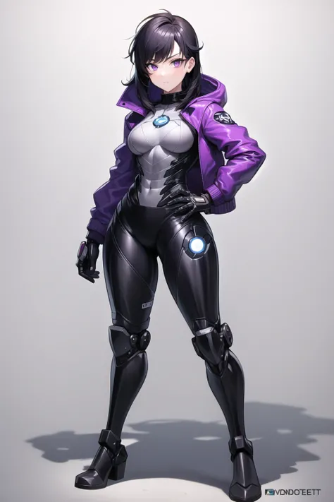 1girl, trap, androgynous, ((solo)), masterpiece,  (muscular),curvy, black hair,bangs,medium hair, spread legs, full body, standing, hand on hip, robot joints, mechanical parts, cyborg, breastplate, purple jacket, short jacket, hooded jacket,medium breasts, purple eyes, cyberpunk, night, gloves, turtleneck, ((thigh boots)), (arc reactor)