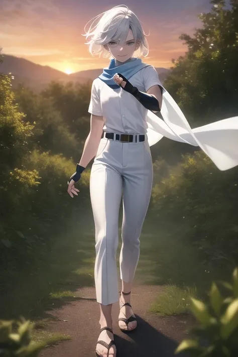 masterpiece, best quality, wind, 1boy, white pants, sandals, white hair, sky, sunset, white scarf, blue belt, dark blue undershirt, fingerless gloves, forest, highres, extremely detailed boy, solo, sharp focus, cinematic lighting, short hair, evil smile, walking, dynamic pose, anime coloring