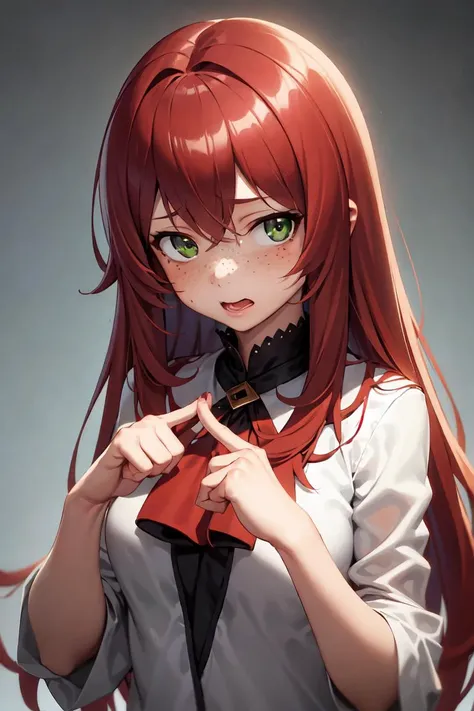masterpiece, best quality, 1girl, long red hair, green eyes, freckles, upper body, nervous, looking at viewer, index fingers together,  <lora:indexfingerstogether:1>