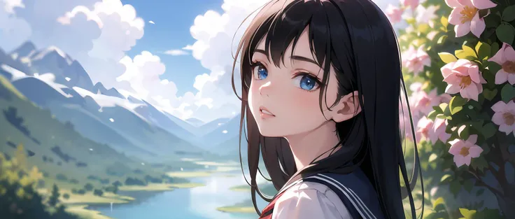 (masterpiece, best quality),1girl, solo, flower, long hair, outdoors, letterboxed, school uniform, day, sky, looking up, short sleeves, parted lips, shirt, cloud, black hair, sunlight, white shirt, serafuku, upper body, from side, pink flower, blurry, brown hair, blue sky, depth of field,blue eyes, <lora:ran:0.6>