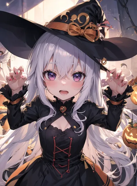 (masterpiece, best quality, intricate details, absurdres), 1girl, alone, cute, beautiful, innocent, seducing, slutty, adorable, sexy, elegant,blush, vibrant colors, skin dentation, long hair, (upper body), trick or treat, witch, halloween night background, colorful paint, happy, claw pose, mika pikazo
