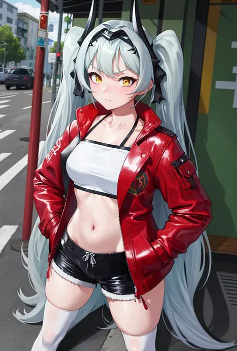 (masterpiece, best quality, absurdres), 1girl, solo, <lora:cyclopsprincess_lastorigin_v1-000014:1>,
1girl, solo, standing, navel, midriff, white legwear, cycpridef, twintails, grey hair, very long hair, yellow eyes, horns, cropped_jacket, hands in pockets, short shorts, casual, road, sidewalk