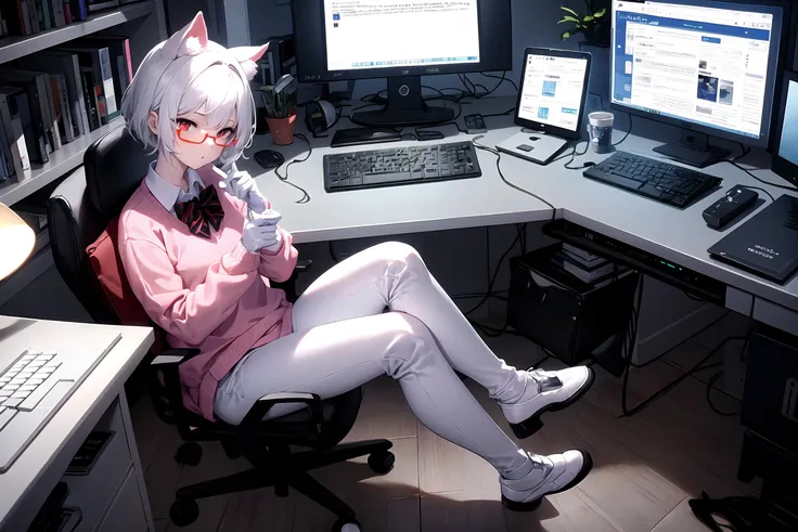 masterpiece, best quality, 1girl, indoors, white hair, white cat ears, short hair, braid, red eyes, glasses, sweater, collared shirt, bowtie, pants, white legwear, white gloves, shoes, cabinet, sitting, chair, table, (computer:1.3), bookshelf, monitor, keyboard, desk lamp, shoes, coding, programming, cup