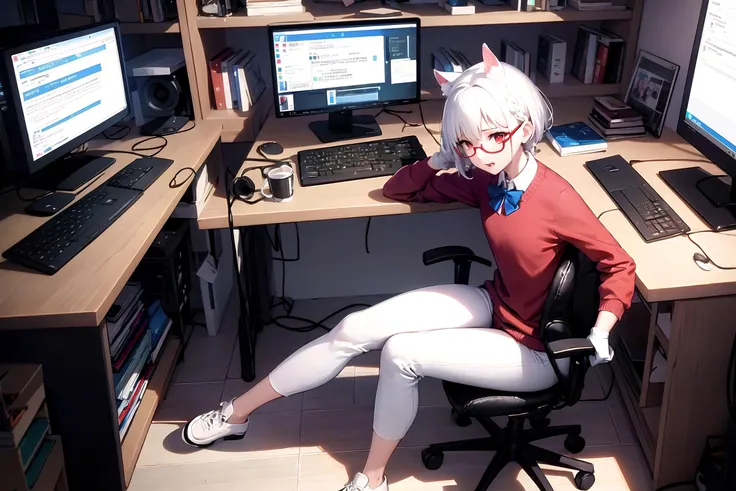 masterpiece, best quality, 1girl, indoors, white hair, white cat ears, short hair, braid, red eyes, glasses, sweater, collared shirt, bowtie, pants, white legwear, white gloves, shoes, cabinet, sitting, chair, table, (computer:1.3), bookshelf, monitor, keyboard, desk lamp, shoes, coding, programming, cup