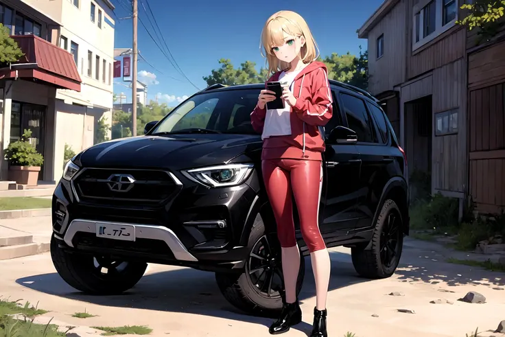 masterpiece, best quality, 1girl, blonde hair, green eyes, standing, SUV, off road