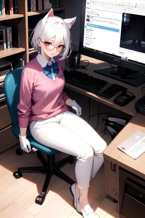masterpiece, best quality, 1girl, indoors, white hair, white cat ears, short hair, braid, red eyes, glasses, sweater, collared shirt, bowtie, pants, white legwear, white gloves, shoes, cabinet, sitting, chair, table, (computer:1.3), bookshelf, monitor, keyboard, desk lamp, shoes, coding, programming, cup