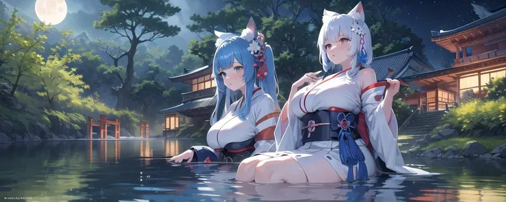 nature, Japanese environment, white kimono, blue hair, hair ornament, animal ear, huge breasts, 2 girl, bigger background, night light, sitting, detailed background, subject in the center, lake, 1 moon, reflected water, detailed face, big thigh,