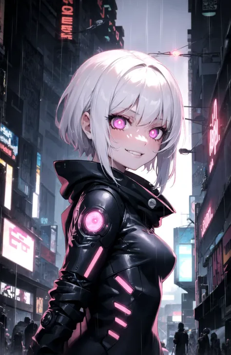 from side, 1girl, white hair, purple eyes, glowing eyes, evil smile, rain, pupils, street, cyborg, cyberpunk,