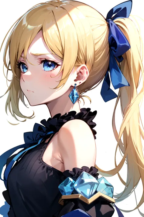 solo, sketch, simple background, white background, upper body, closed mouth, serious, unamused, from side, (blue crystal earrings:1.1), jewelry, looking to the side, ayase eli, love live! school idol project, blonde hair, blue eyes, ponytail, bare shoulders, light blue shirt, loose shirt, portrait