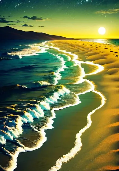 scgirls,  a full moon is shining over the ocean at night time on a beach with a sandy shore and a green grass area in the foreground <lora:SC_GIRLS_V1:1>