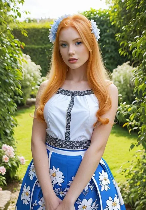 scgirls, a half ginger half blonde woman in a blue dress posing for a picture in a garden with a flower in her hair and a black and white top and blue skirt, locks of white hair, nikon, perfect shadows, gorgerous <lora:SC_GIRLS_V1:1>
