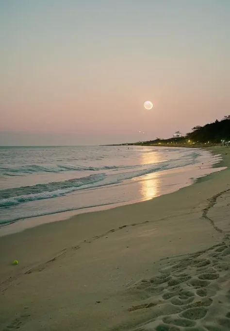 scgirls,  a full moon is shining over the ocean at night time on a beach with a sandy shore and a green grass area in the foreground <lora:SC_GIRLS_V1:1>