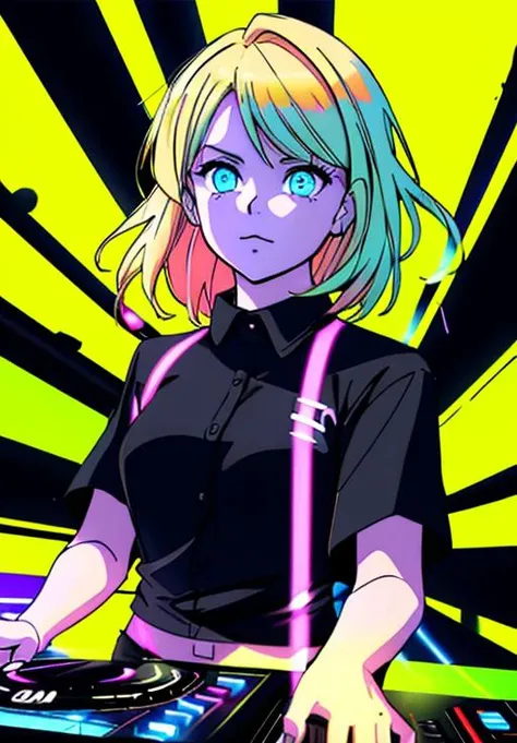 scgirls, a blonde woman in a black shirt is playing a dj set in front of a neon background with a neon strip of blue light behind him <lora:SC_GIRLS_V1:1>