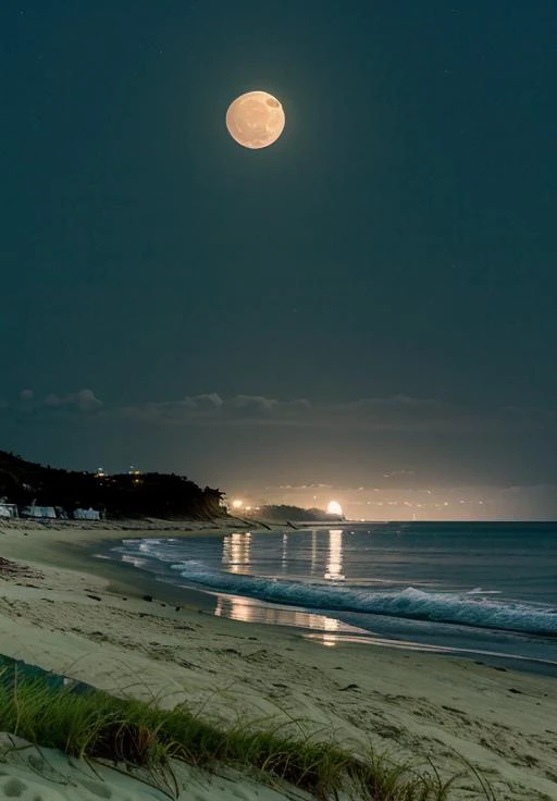 scgirls, a full moon is shining over the ocean at night time on a beach with a sandy shore and a green grass area in the foreground <lora:SC_GIRLS_V1:1>