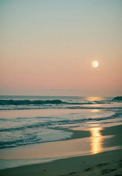 scgirls, a full moon is shining over the ocean at night time on a beach with a sandy shore and a green grass area in the foreground <lora:SC_GIRLS_V1:1>