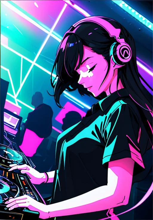 scgirls, a woman in a black shirt is playing a dj set in front of a neon background with a neon strip of blue light behind him <lora:SC_GIRLS_V1:1>
