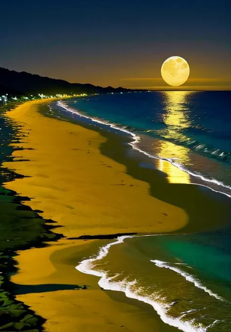 scgirls,  a full moon is shining over the ocean at night time on a beach with a sandy shore and a green grass area in the foreground <lora:SC_GIRLS_V1:1>