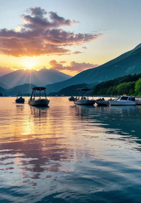 scgirls, a sunset with boats in the water and mountains in the background and a sky with clouds and sun rays in the sky and a few boats in the water <lora:SC_GIRLS_V1:1>