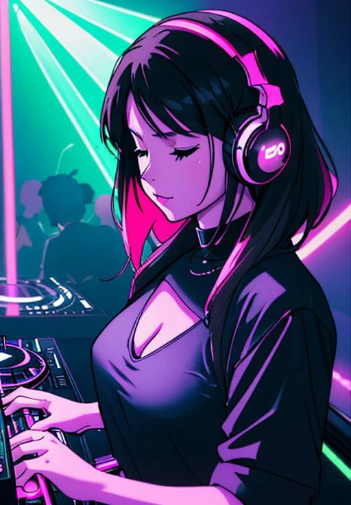scgirls, a woman in a black shirt is playing a dj set in front of a neon background with a neon strip of blue light behind him <lora:SC_GIRLS_V1:1>