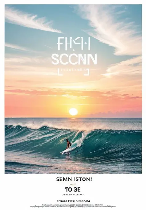 scgirls,  a poster with a picture of a wave coming in to the ocean with the words welcome summer on it and a sun setting in the background<lora:SC_GIRLS_V1:1>