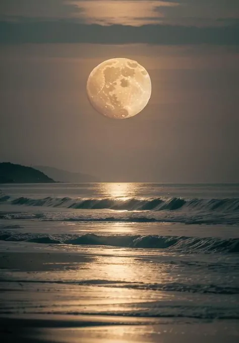 scgirls,  a full moon is shining over the ocean at night time on a beach with a sandy shore and a green grass area in the foreground <lora:SC_GIRLS_V1:1>