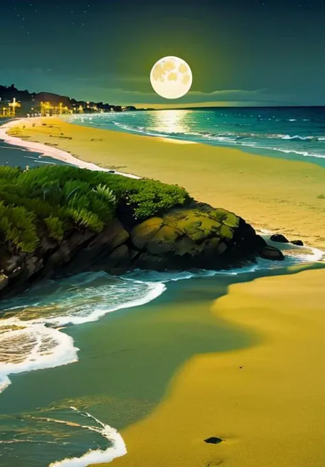 scgirls, a full moon is shining over the ocean at night time on a beach with a sandy shore and a green grass area in the foreground <lora:SC_GIRLS_V1:1>