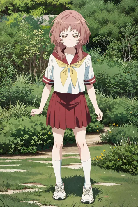 best quality,masterpiece,1girl,(grass:1.33),standing,(full body:1.3),solo,<lyco:眼镜妹locon:0.7>,fenmao, 1girl, solo, skirt, full body, shoes, socks,neckerchief,pleated skirt, sneakers, yellow neckerchief, looking at viewer, white footwear, red skirt, white shirt, kneehighs, short sleeves