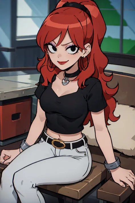 <lora:Envy:0.75> 3nvy, 1girl, long hair, red hair, crop top, makeup, jewelry, choker, pants, black choker, solo, belt, bracelet, black eyes, breasts, midriff, black belt, black shirt, earrings, jeans, lipstick, looking at viewer:1.2,  indoors, sitting, thick thighs, from above, smirk, smug